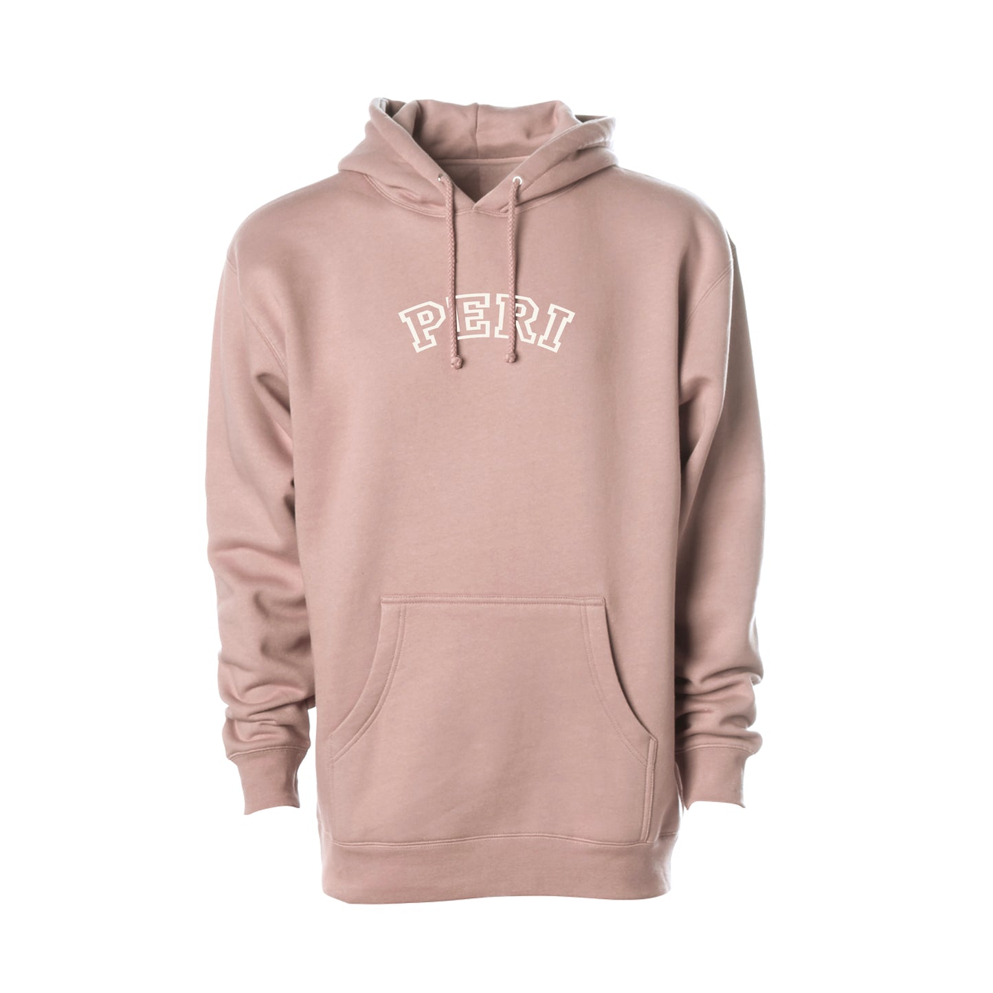 A dusty rose pink pullover hoodie with 'PERI' printed in white arched varsity letters across the chest, displayed on a clean white background.