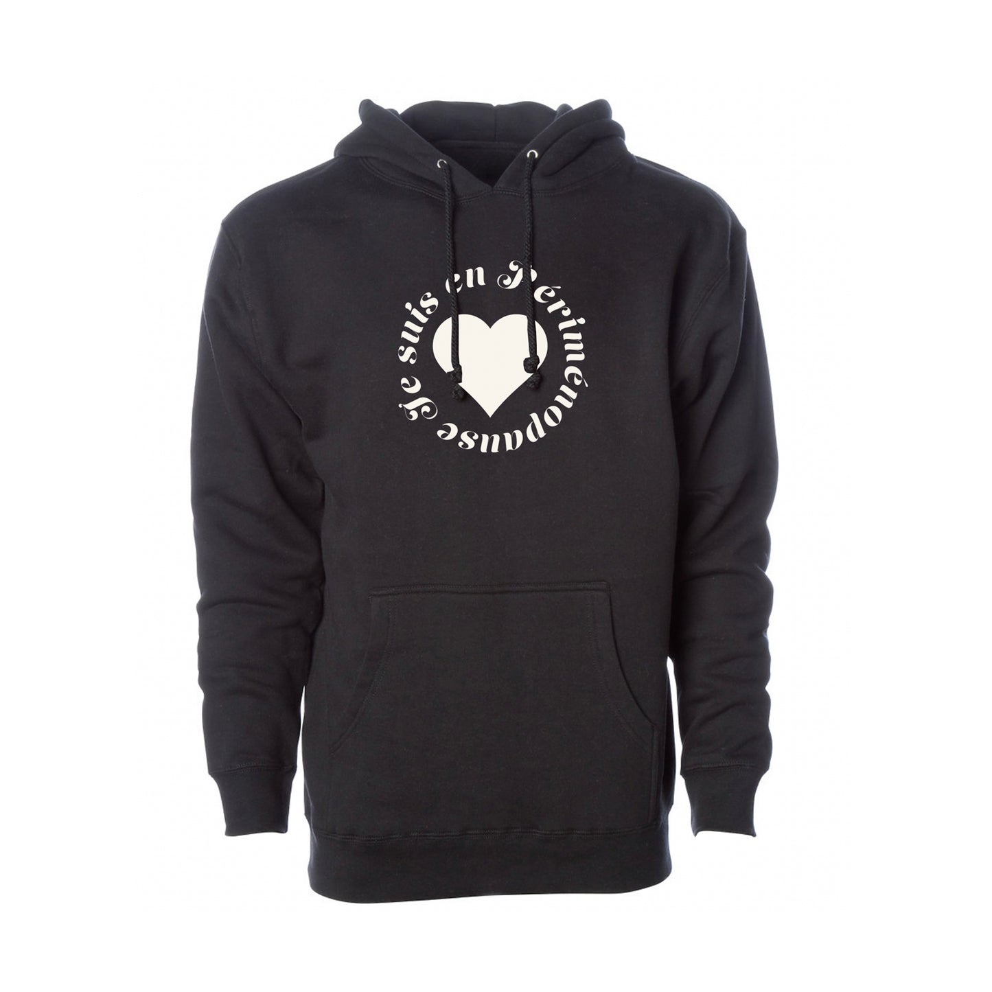 A black pullover hoodie with a white circular graphic on the chest featuring a heart and the text 'JE SUIS EN PÉRIMÉNOPAUSE', shown against a plain white background.