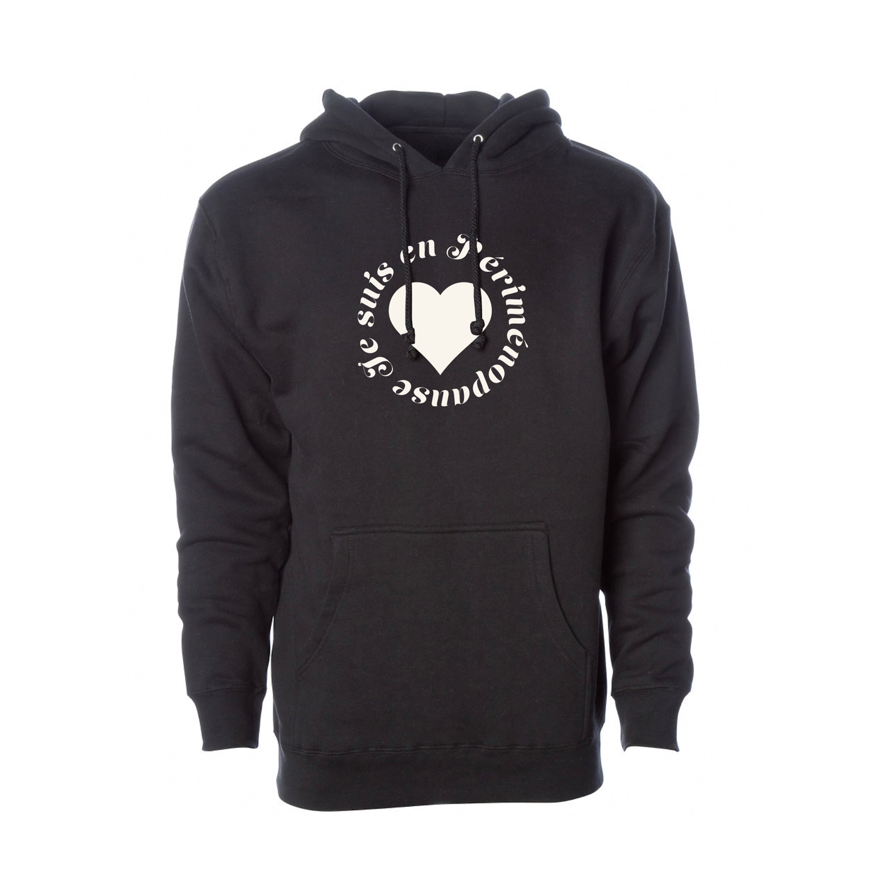 A black pullover hoodie with a white circular graphic on the chest featuring a heart and the text 'JE SUIS EN PÉRIMÉNOPAUSE', shown against a plain white background.
