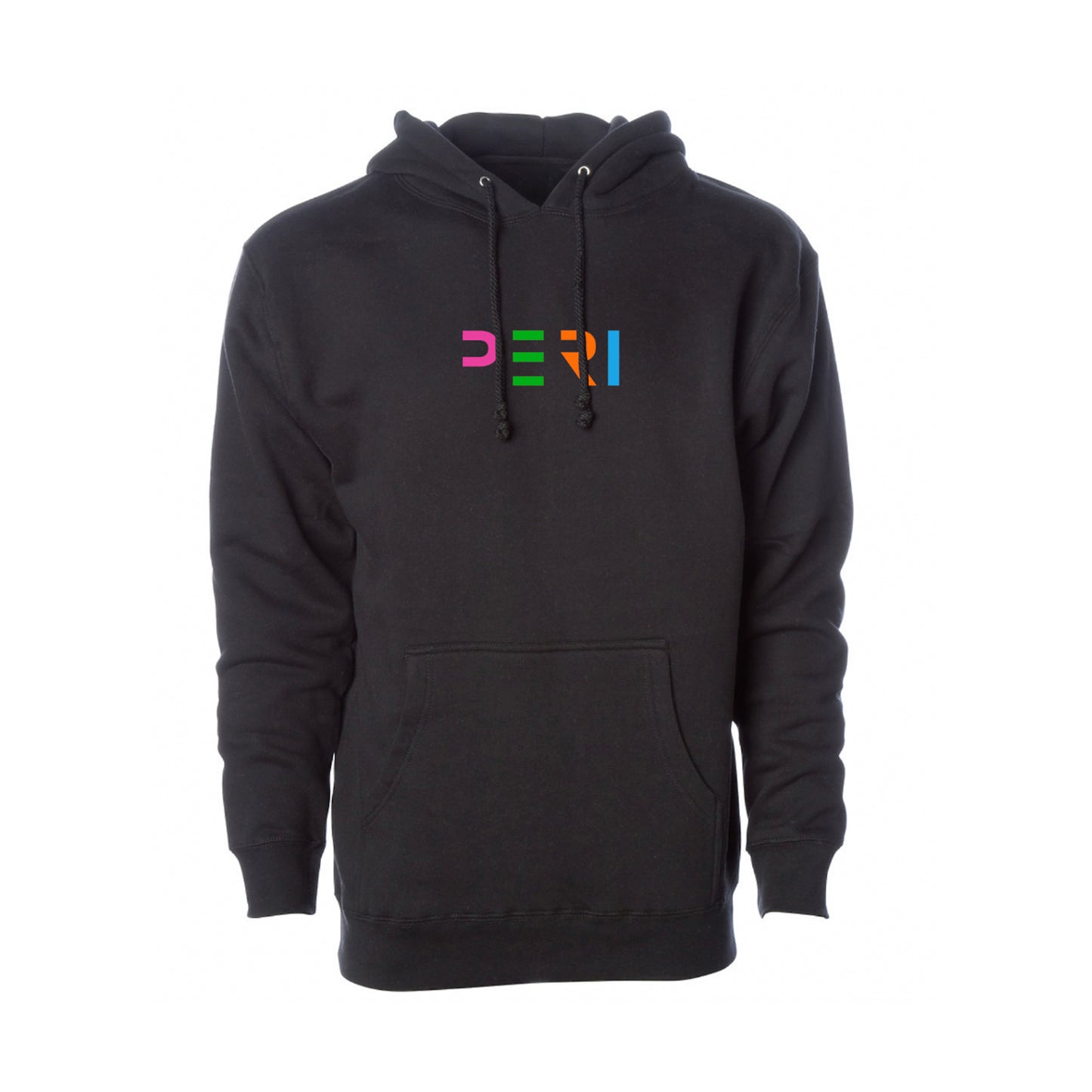 A black pullover hoodie with a colorful 'PERI' graphic printed on the chest, displayed on a clean white background.