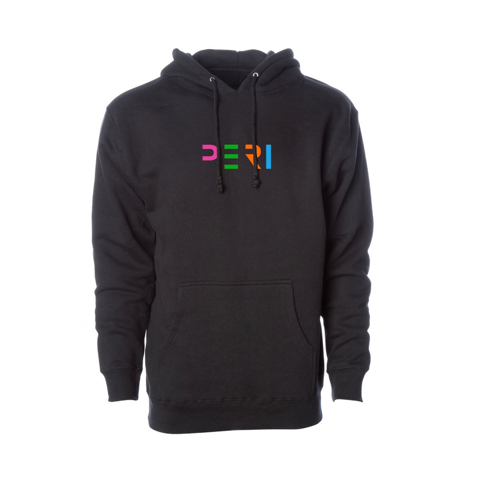 A black pullover hoodie with a colorful 'PERI' graphic printed on the chest, displayed on a clean white background.