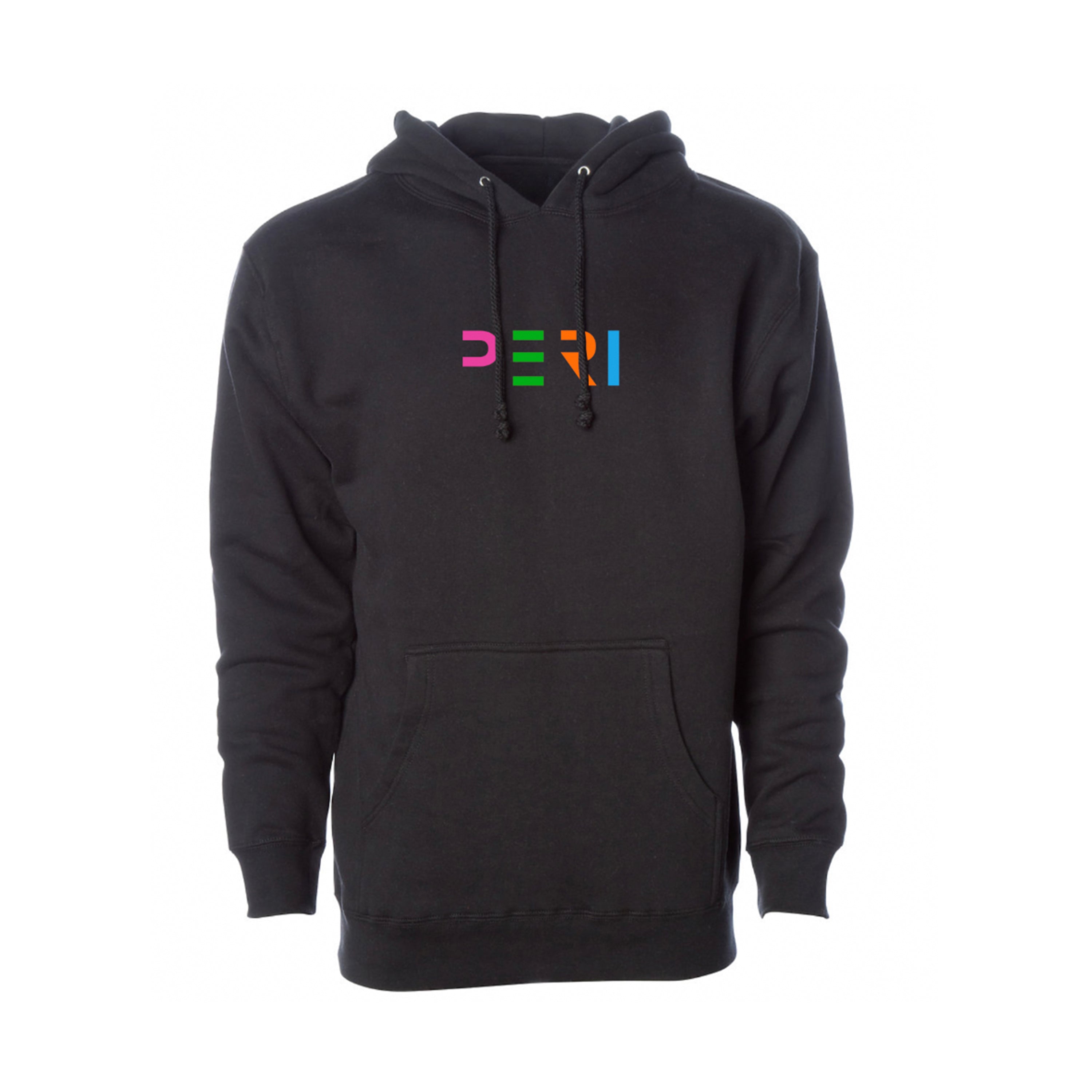 A black pullover hoodie with a colorful 'PERI' graphic printed on the chest, displayed on a clean white background.