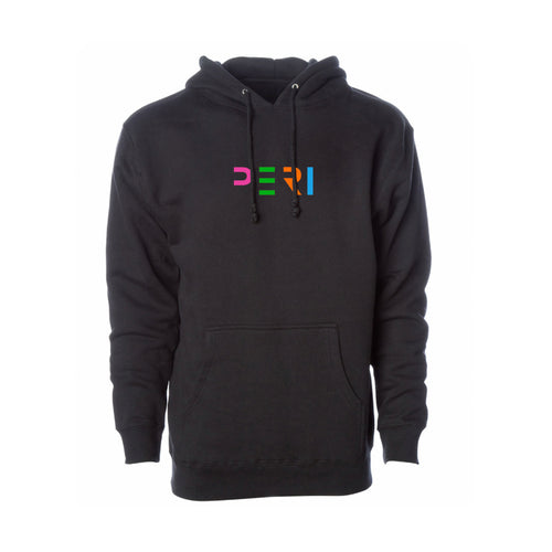 A black pullover hoodie with a colorful 'PERI' graphic printed on the chest, displayed on a clean white background.