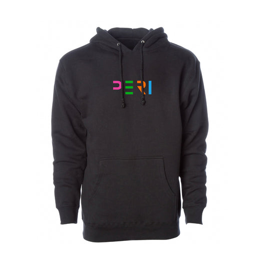 A black pullover hoodie with a colorful 'PERI' graphic printed on the chest, displayed on a clean white background.