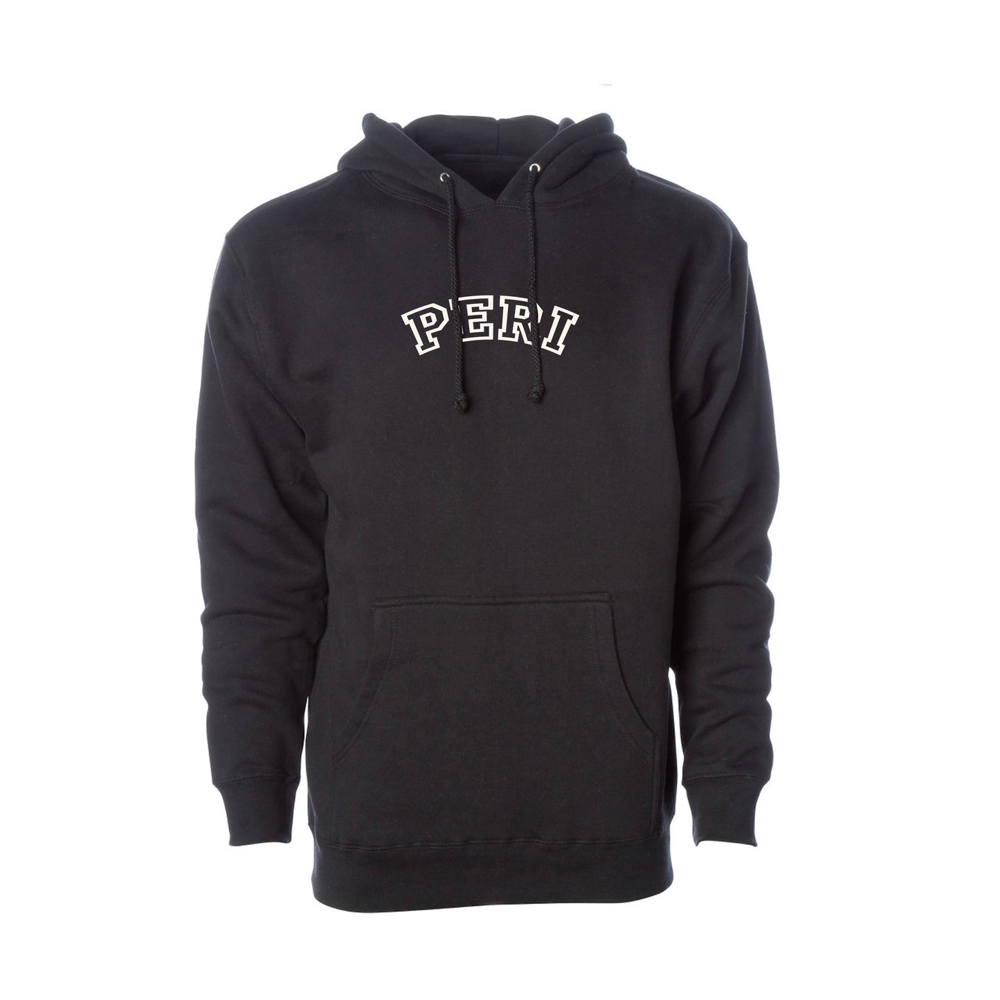 A black pullover hoodie with 'PERI' printed in white arched varsity-style letters across the chest, displayed on a clean white background.
