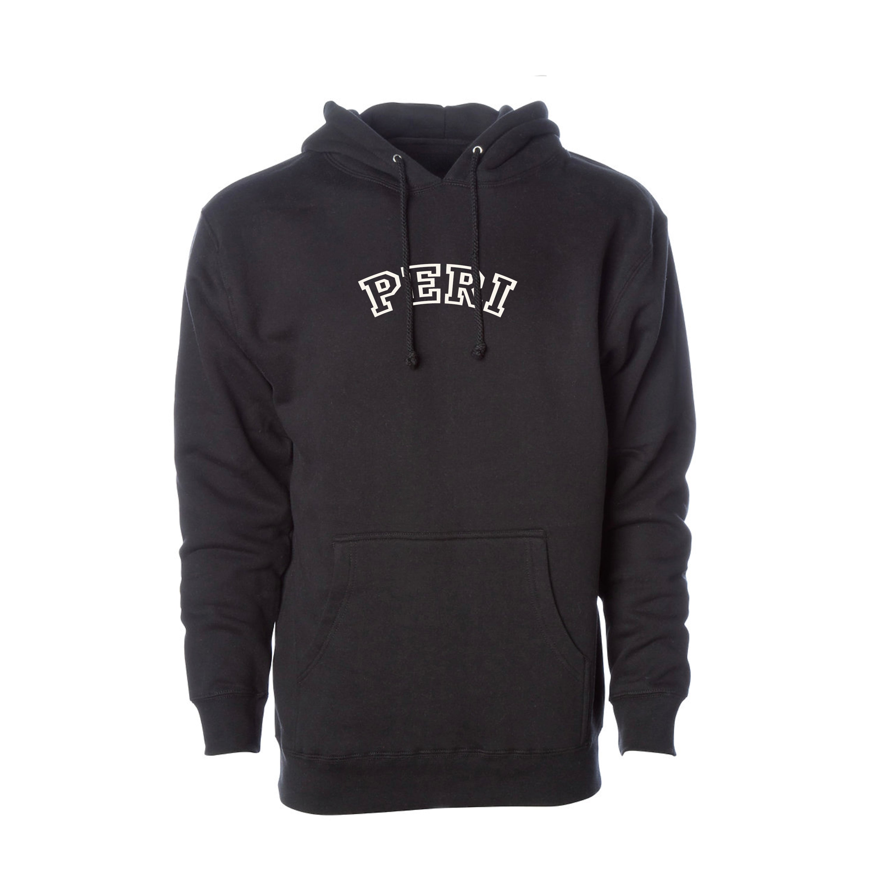 A black pullover hoodie with 'PERI' printed in white arched varsity-style letters across the chest, displayed on a clean white background.
