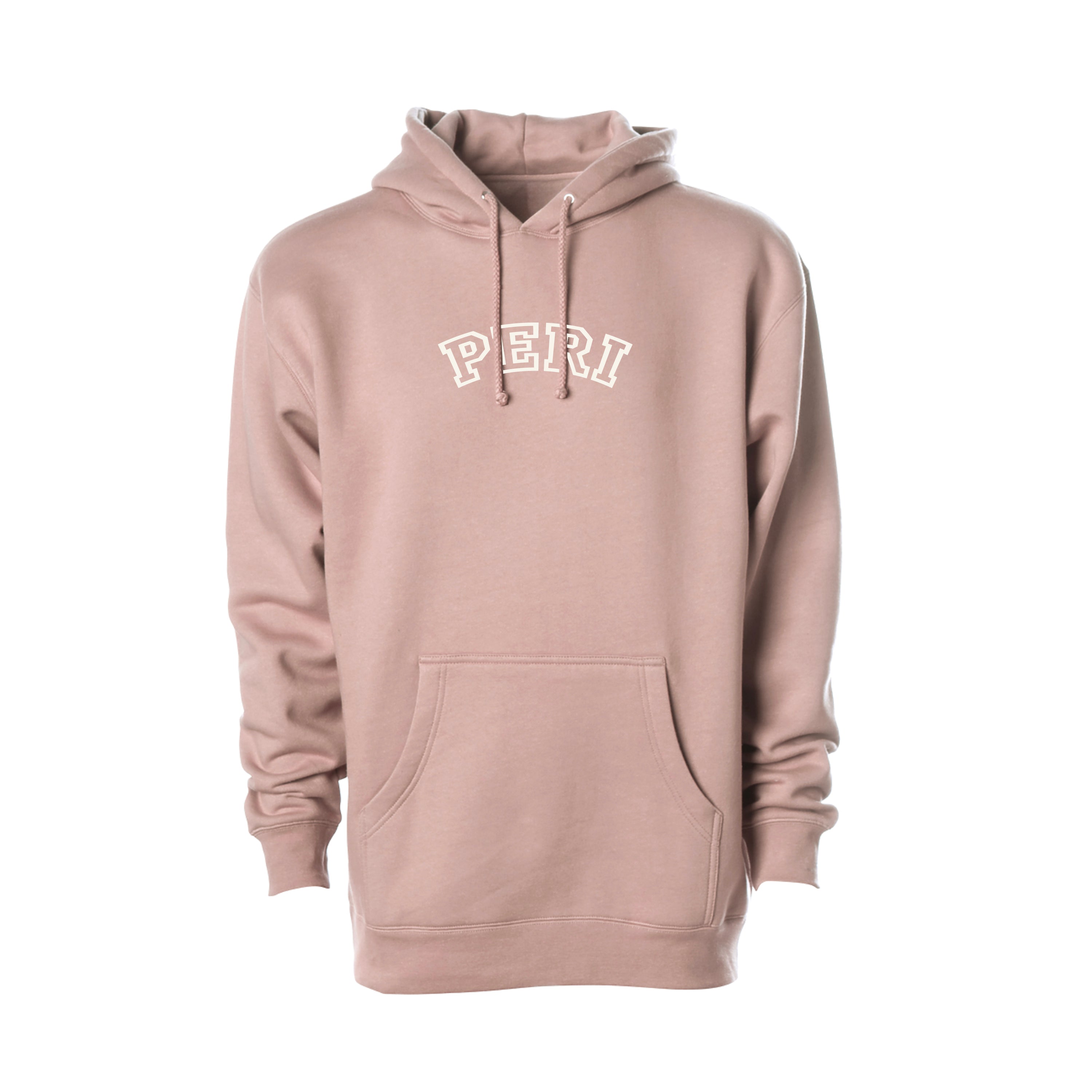 A dusty rose pink pullover hoodie with 'PERI' printed in white arched varsity letters across the chest, displayed on a clean white background.