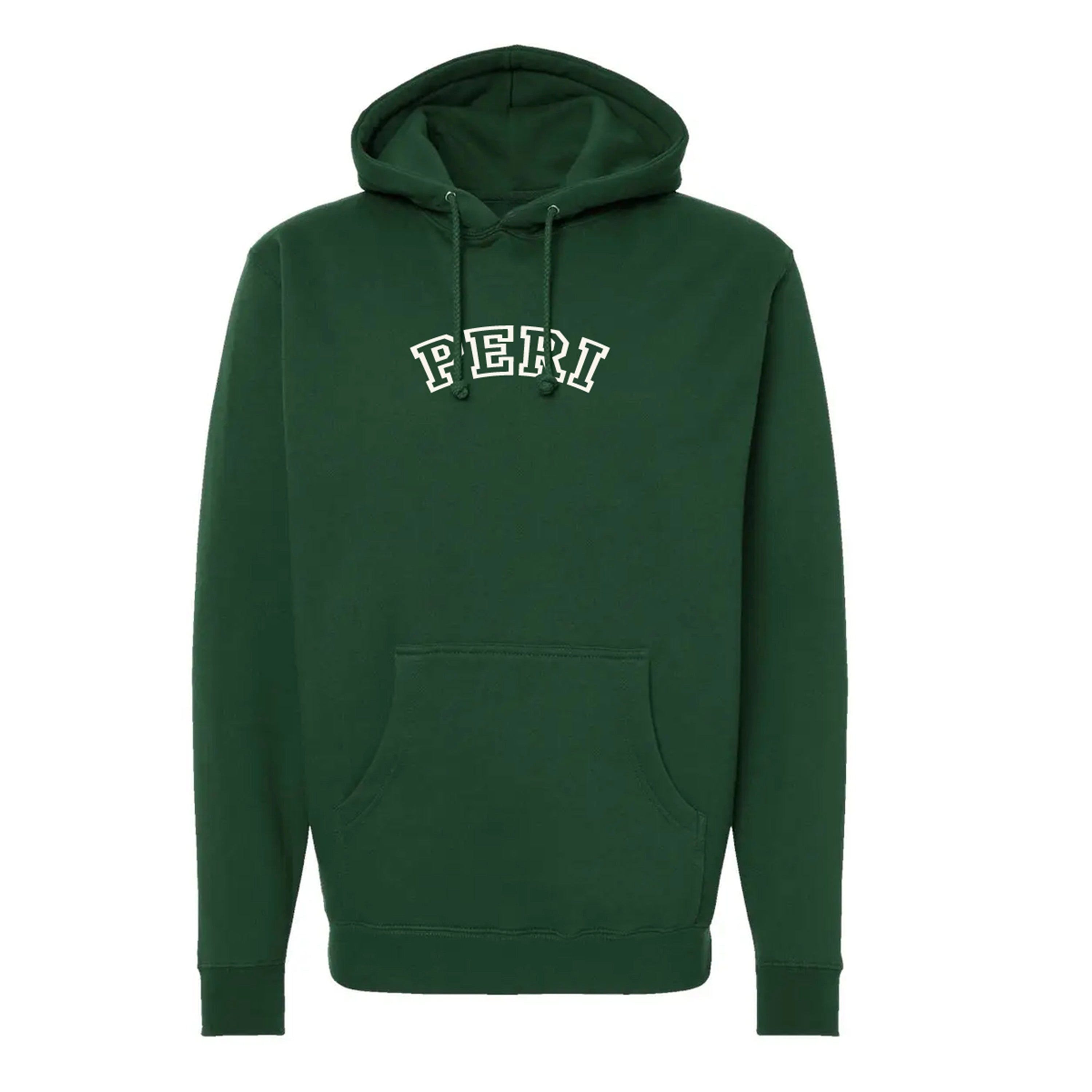 A dark green pullover hoodie with 'PERI' printed in white arched block letters across the chest, displayed on a clean white background.