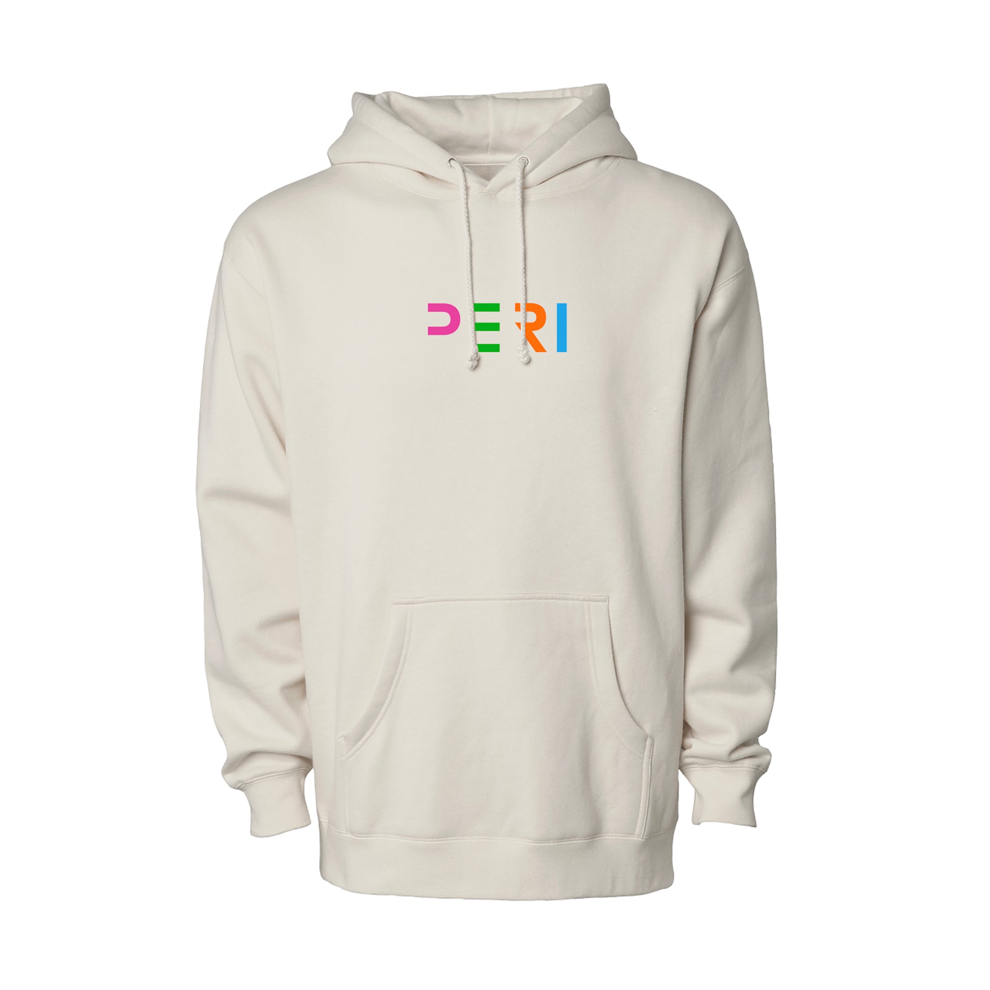 An off-white pullover hoodie with a colorful 'PERI' graphic printed on the chest, featuring a kangaroo pocket and drawstring hood, shown against a plain white background.