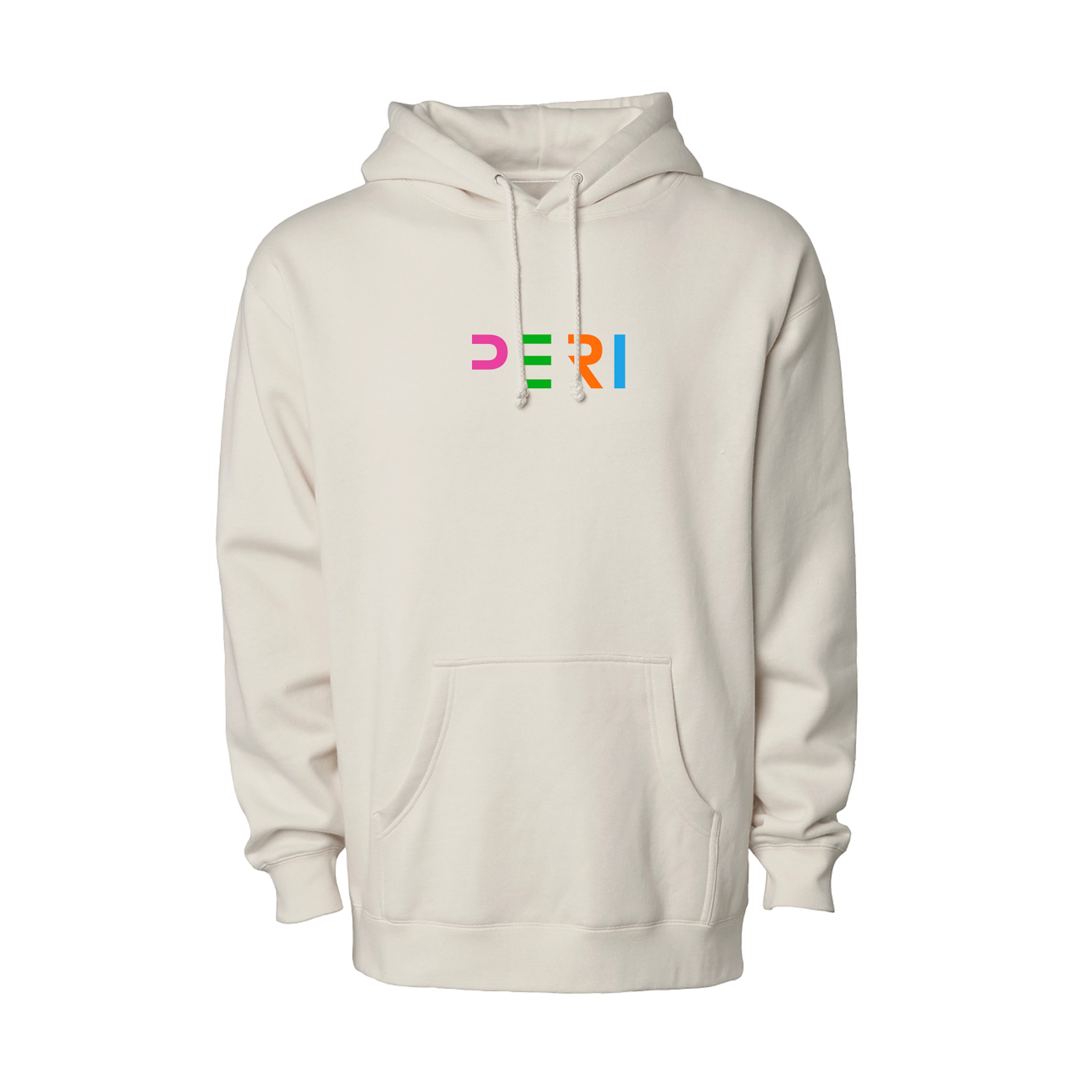An off-white pullover hoodie with a colorful 'PERI' graphic printed on the chest, featuring a kangaroo pocket and drawstring hood, shown against a plain white background.