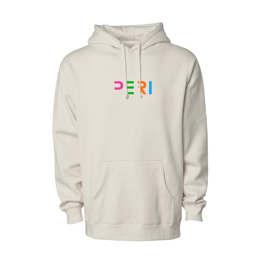An off-white pullover hoodie with a colorful 'PERI' graphic printed on the chest, featuring a kangaroo pocket and drawstring hood, shown against a plain white background.