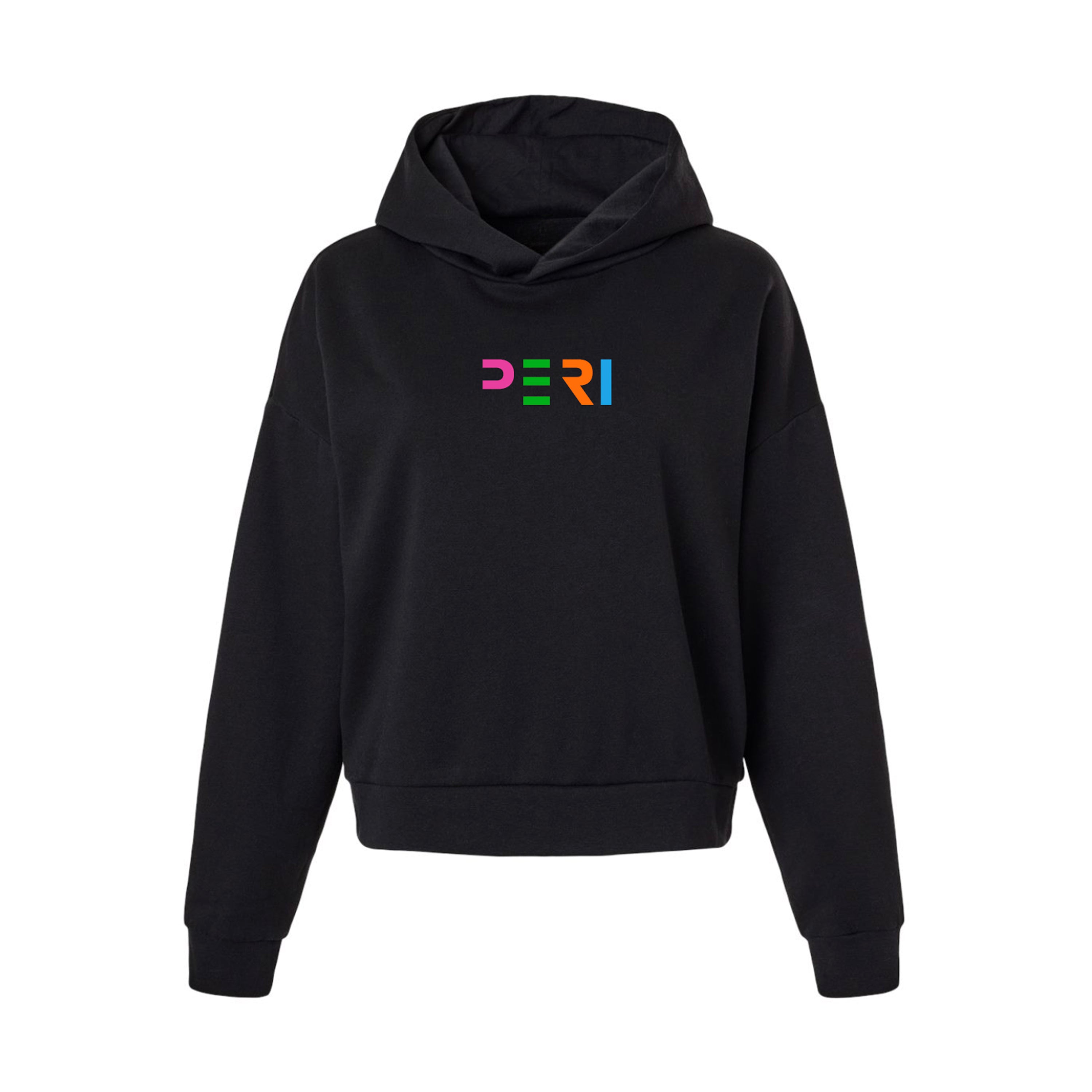 A black cropped pullover hoodie with a colorful 'PERI' graphic printed on the chest, displayed on a clean white background.