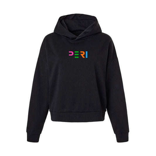 A black cropped pullover hoodie with a colorful 'PERI' graphic printed on the chest, displayed on a clean white background.