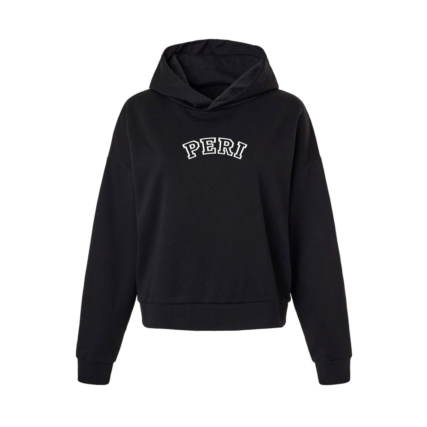 A black cropped pullover hoodie with 'PERI' printed in white arched block letters across the chest, displayed on a clean white background.