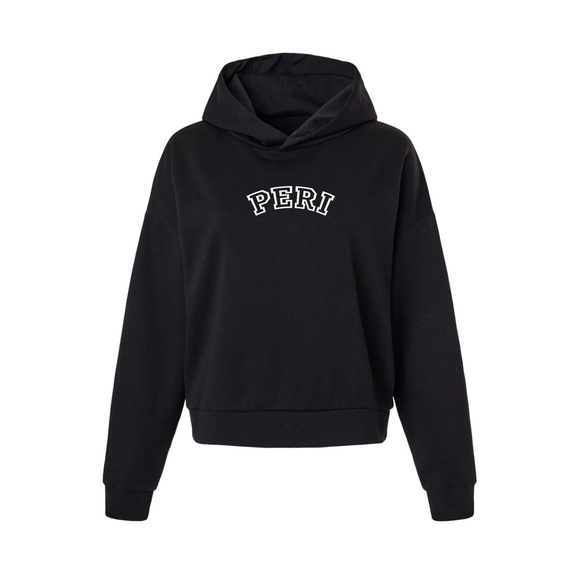 A black cropped pullover hoodie with 'PERI' printed in white arched block letters across the chest, displayed on a clean white background.