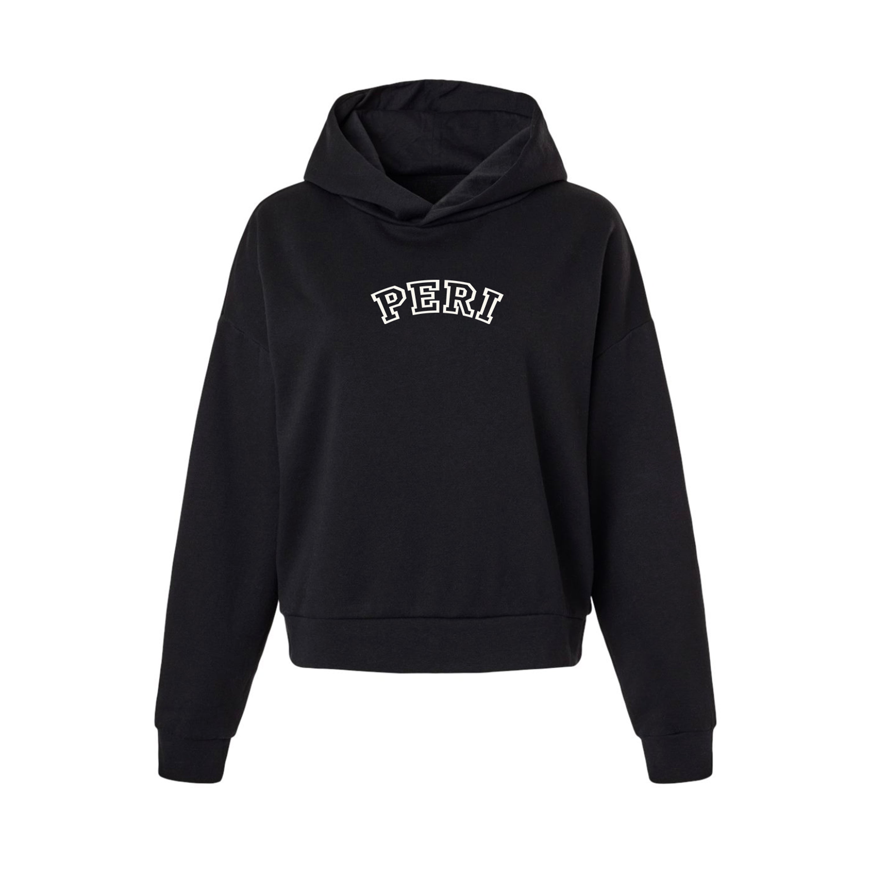 A black cropped pullover hoodie with 'PERI' printed in white arched block letters across the chest, displayed on a clean white background.