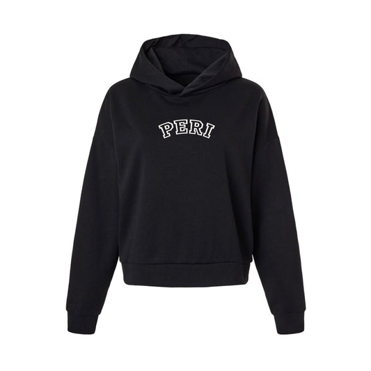 A black cropped pullover hoodie with 'PERI' printed in white arched block letters across the chest, displayed on a clean white background.